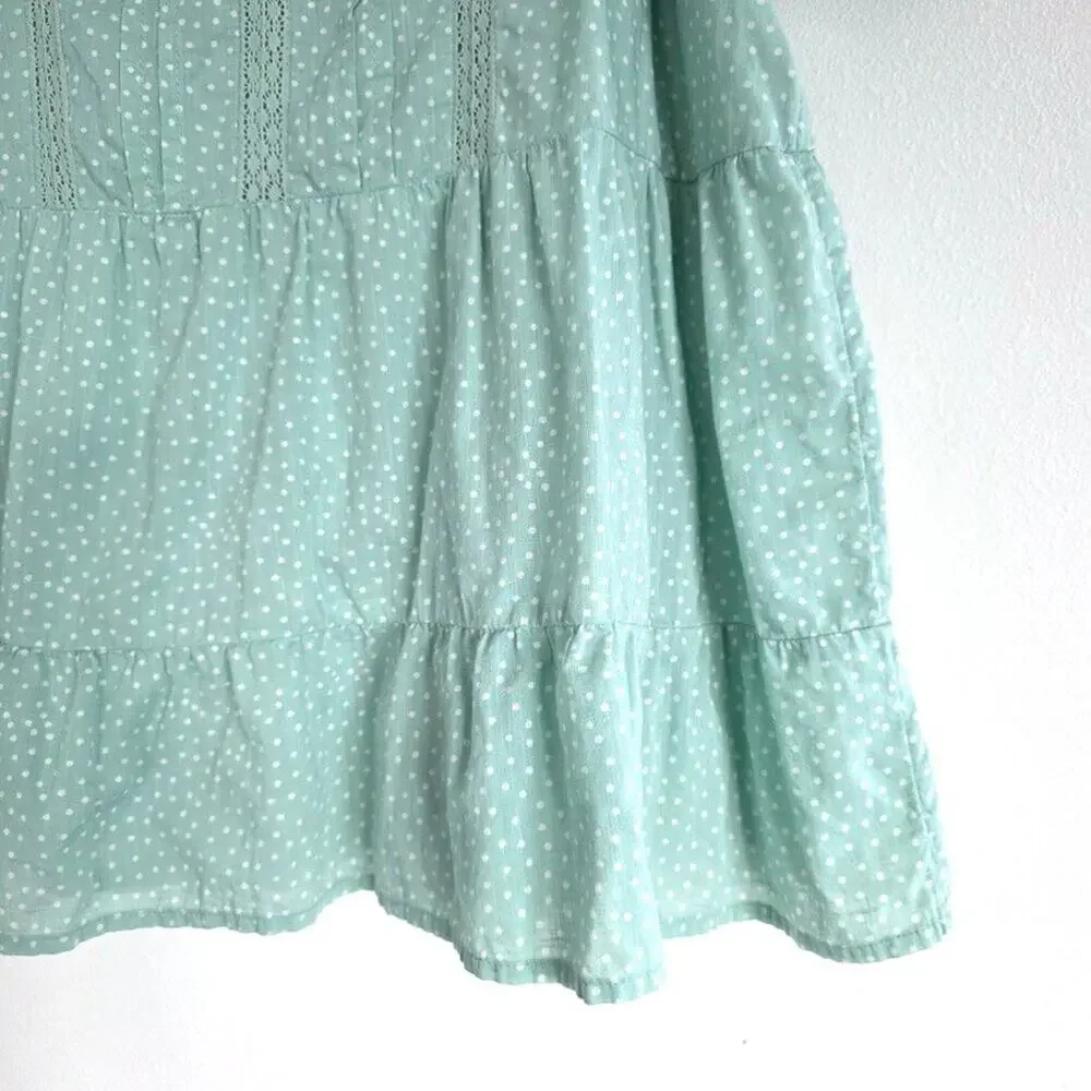 LOFT Mint Green Polka Dot Puff Sleeve Lace Trim Cotton Tiered Peplum Top Medium